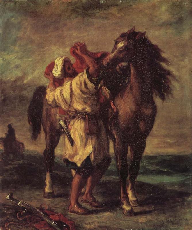 Eugene Delacroix Moroccan in the Sattein of its horse